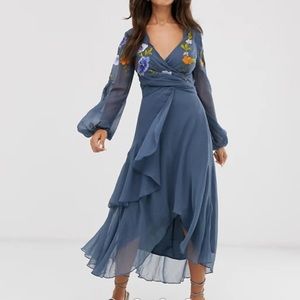 ASOS wrap midi dress with garden floral embroidery